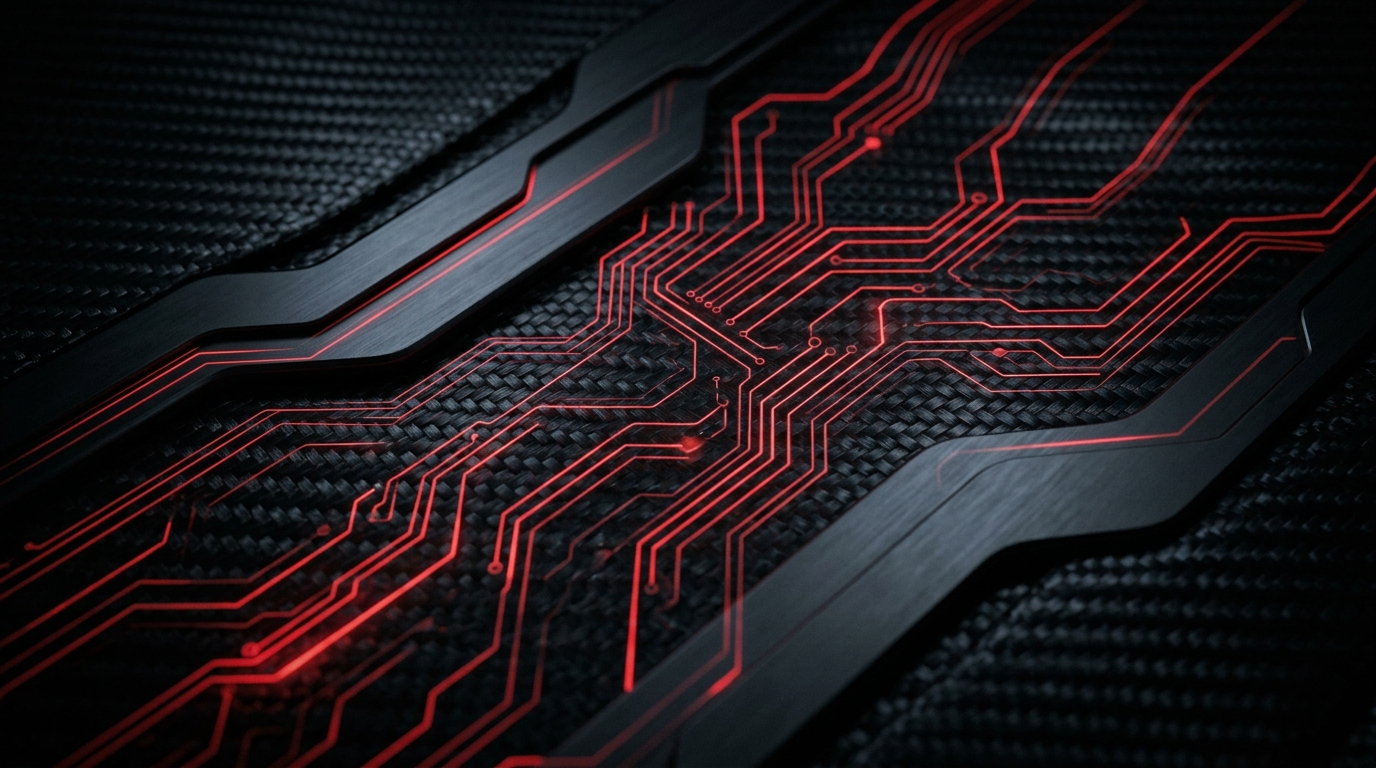 Circuito elettronico rosso inciso su fibra di carbonio, il richiamo visivo alla centralina motore nella rimappatura ECU Carfix